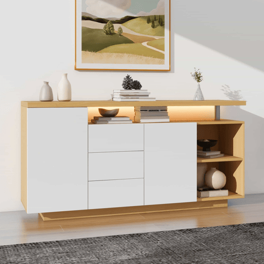 Aparador multifuncional 140 cm - 2 portas, 3 gavetas, 2 compartimentos abertos, com iluminação LED - branco e madeira
