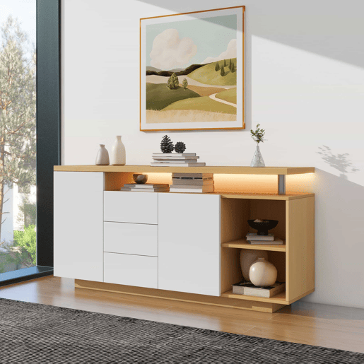 Aparador multifuncional 140 cm - 2 portas, 3 gavetas, 2 compartimentos abertos, com iluminação LED - branco e madeira