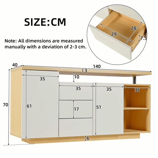 Aparador multifuncional 140 cm - 2 portas, 3 gavetas, 2 compartimentos abertos, com iluminação LED - branco e madeira