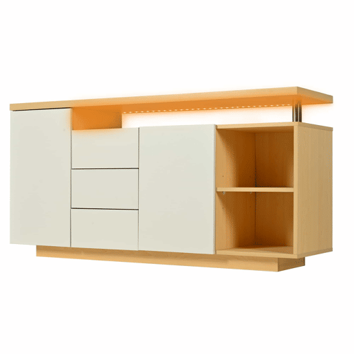 Aparador multifuncional 140 cm - 2 portas, 3 gavetas, 2 compartimentos abertos, com iluminação LED - branco e madeira