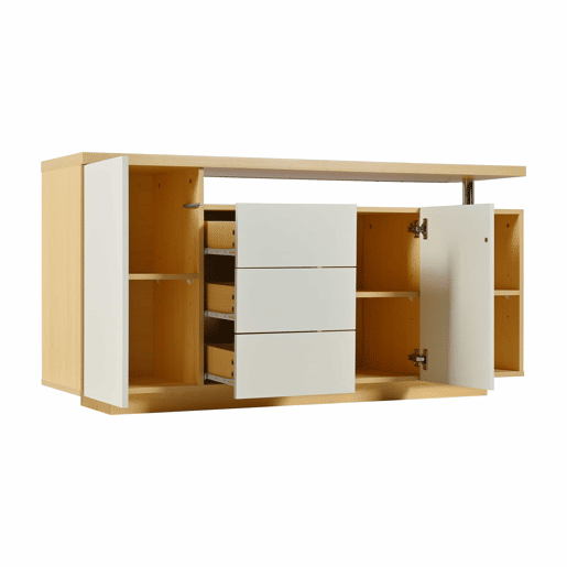Aparador multifuncional 140 cm - 2 portas, 3 gavetas, 2 compartimentos abertos, com iluminação LED - branco e madeira