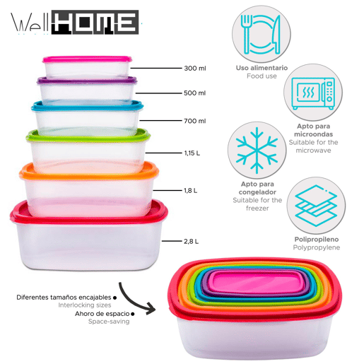 Conjunto com 6 recipientes para armazenamento de alimentos