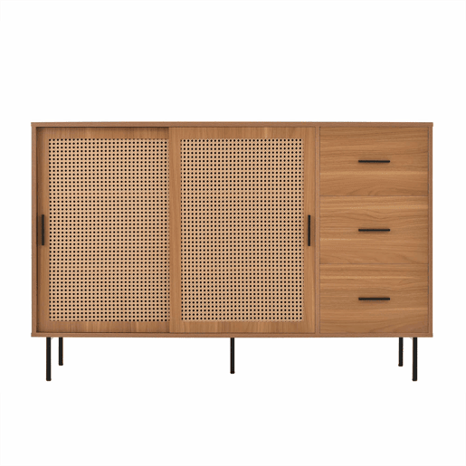 Aparador 140x91x37 cm - 2 portas de correr, 3 gavetas, estilo rústico - Natural