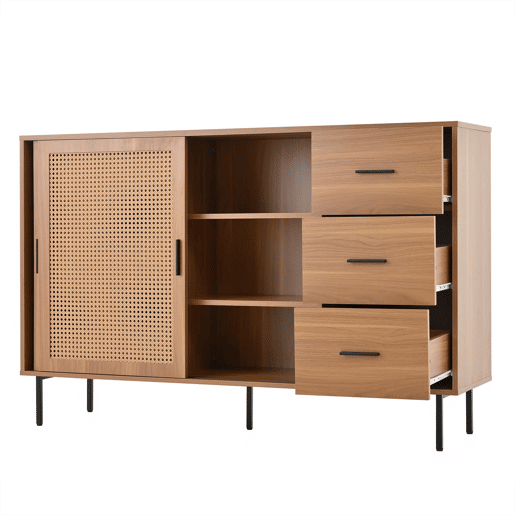 Aparador 140x91x37 cm - 2 portas de correr, 3 gavetas, estilo rústico - Natural