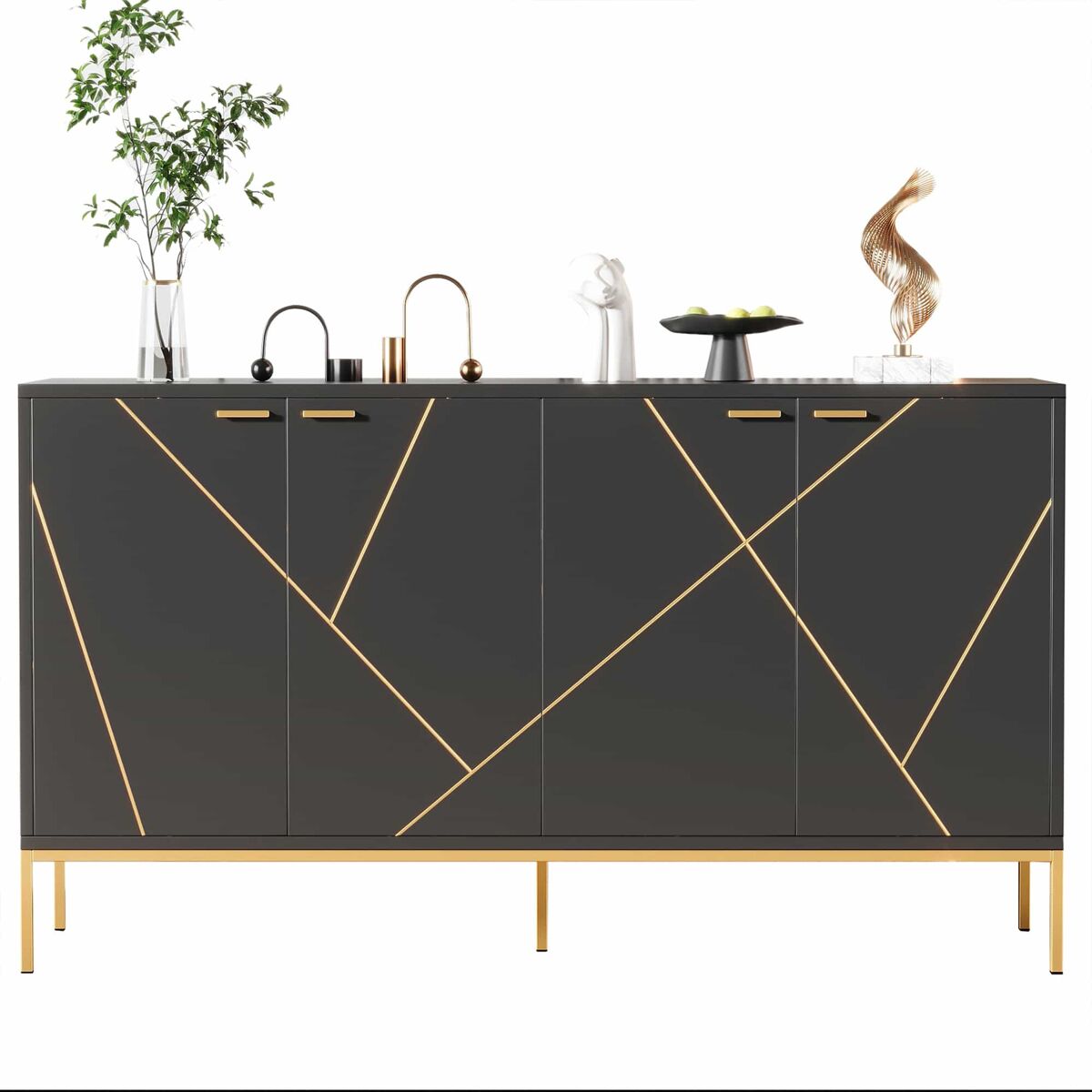 Aparador 150x40x80 cm - con 4 puertas, pies metálicos, diseño recto con decoración de líneas metálicas - negro+dorado