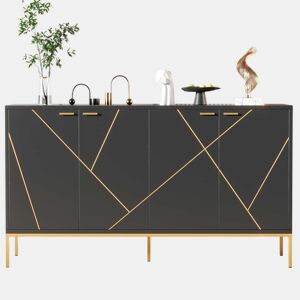 Aparador 150x40x80 cm - com 4 portas, pés metálicos, design reto com decoração de linhas metálicas - Preto+Dourado