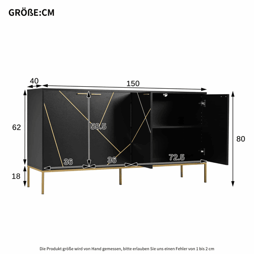 Aparador 150x40x80 cm - com 4 portas, pés metálicos, design reto com decoração de linhas metálicas - Preto+Dourado