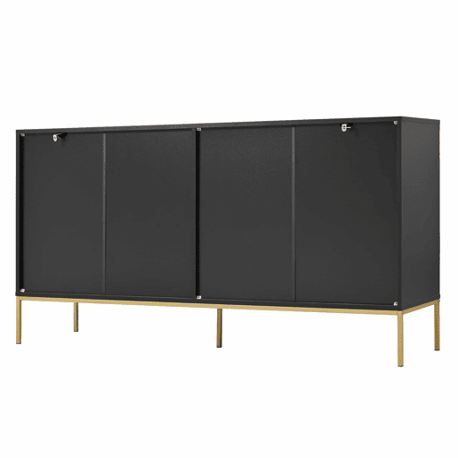 Aparador 150x40x80 cm - com 4 portas, pés metálicos, design reto com decoração de linhas metálicas - Preto+Dourado
