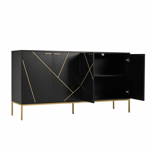 Aparador 150x40x80 cm - com 4 portas, pés metálicos, design reto com decoração de linhas metálicas - Preto+Dourado