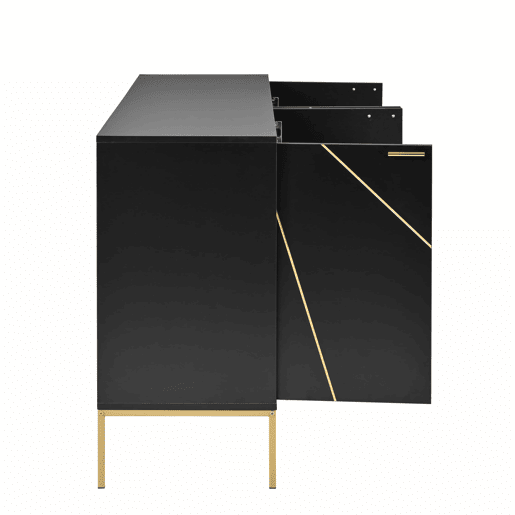 Aparador 150x40x80 cm - com 4 portas, pés metálicos, design reto com decoração de linhas metálicas - Preto+Dourado