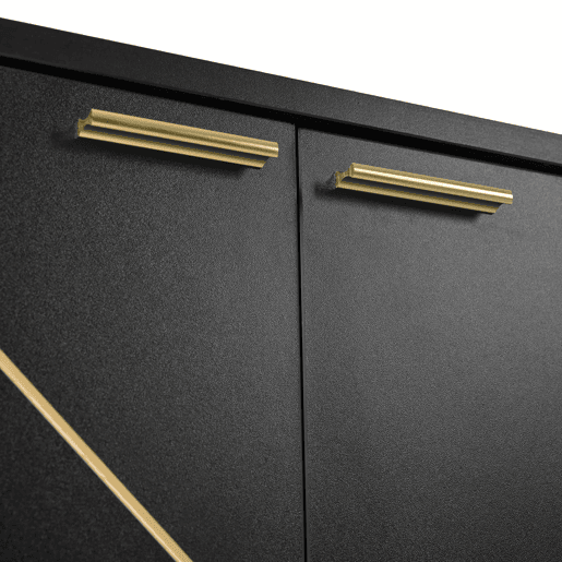 Aparador 150x40x80 cm - com 4 portas, pés metálicos, design reto com decoração de linhas metálicas - Preto+Dourado