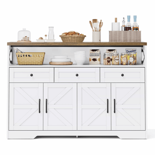 Buffet 140 cm - com arrumação, 3 gavetas, portas e prateleiras ajustáveis, estilo rústico - castanhobranco