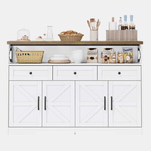 Buffet 140 cm - com arrumação, 3 gavetas, portas e prateleiras ajustáveis, estilo rústico - castanhobranco