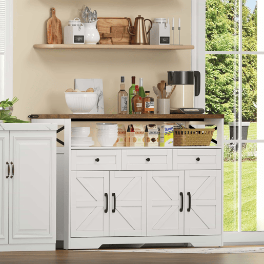 Buffet 140 cm - com arrumação, 3 gavetas, portas e prateleiras ajustáveis, estilo rústico - castanhobranco