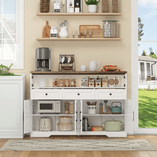 Buffet 140 cm - com arrumação, 3 gavetas, portas e prateleiras ajustáveis, estilo rústico - castanhobranco