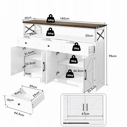 Buffet 140 cm - com arrumação, 3 gavetas, portas e prateleiras ajustáveis, estilo rústico - castanhobranco