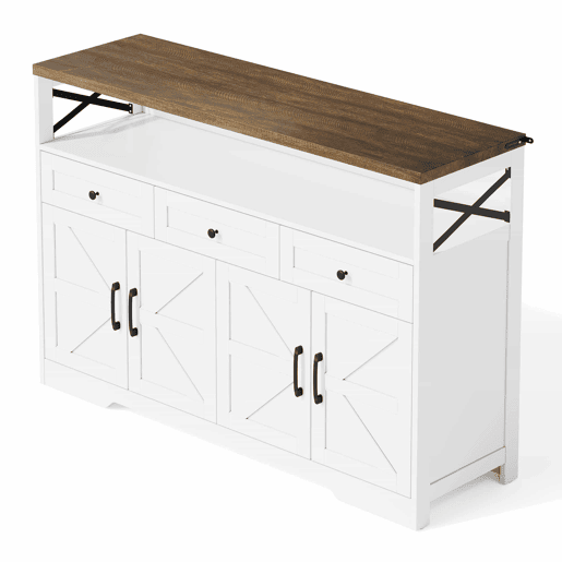 Buffet 140 cm - com arrumação, 3 gavetas, portas e prateleiras ajustáveis, estilo rústico - castanhobranco