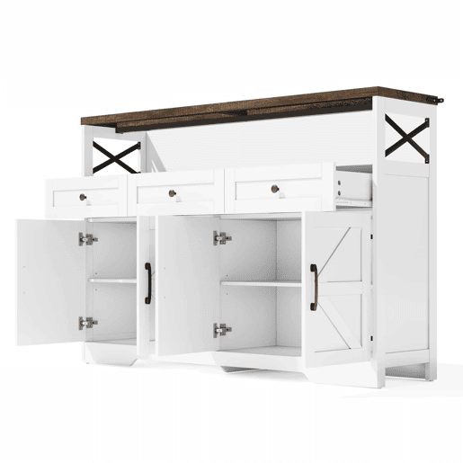 Buffet 140 cm - com arrumação, 3 gavetas, portas e prateleiras ajustáveis, estilo rústico - castanhobranco