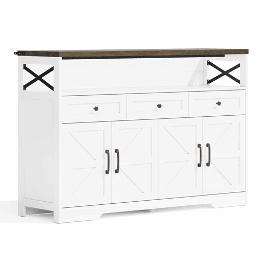 Buffet 140 cm - com arrumação, 3 gavetas, portas e prateleiras ajustáveis, estilo rústico - castanhobranco