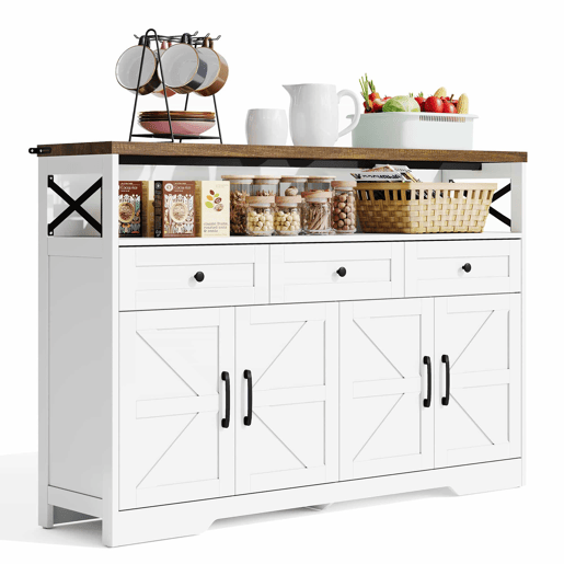 Buffet 140 cm - com arrumação, 3 gavetas, portas e prateleiras ajustáveis, estilo rústico - castanhobranco