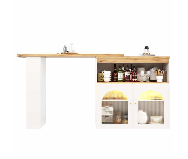 Aparador, mueble bar giratorio y retráctil con led - gran espacio de almacenamiento - estilo contemporáneo - blanco