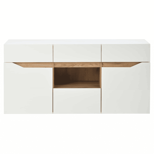 Móvel de sala 140 x 40 x 70 cm - Aparador com 4 gavetas, 2 compartimentos, sem puxadores, com LED - Branco e madeira