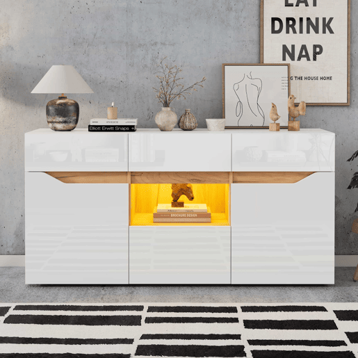 Móvel de sala 140 x 40 x 70 cm - Aparador com 4 gavetas, 2 compartimentos, sem puxadores, com LED - Branco e madeira