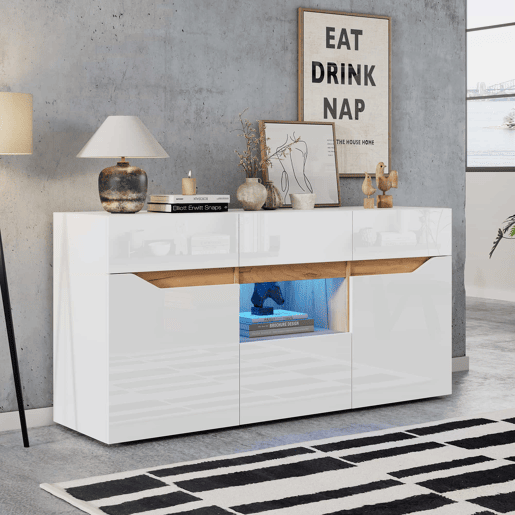 Móvel de sala 140 x 40 x 70 cm - Aparador com 4 gavetas, 2 compartimentos, sem puxadores, com LED - Branco e madeira