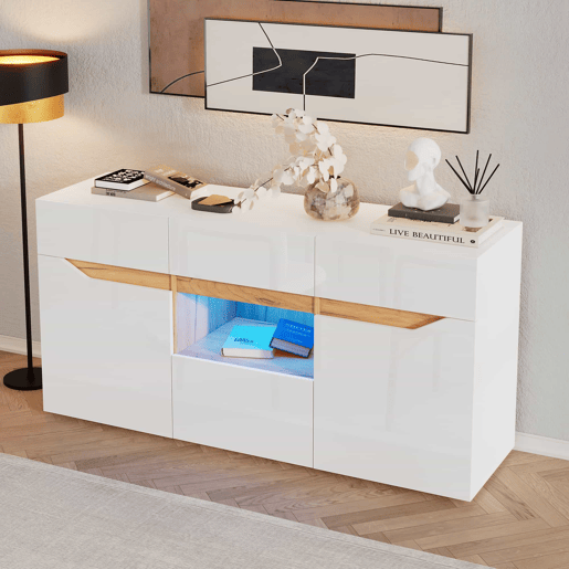 Móvel de sala 140 x 40 x 70 cm - Aparador com 4 gavetas, 2 compartimentos, sem puxadores, com LED - Branco e madeira