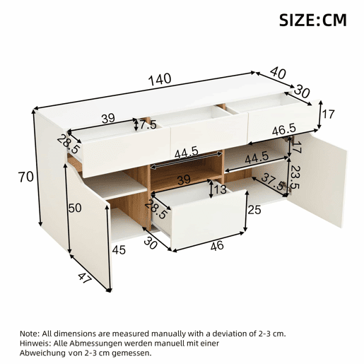 Móvel de sala 140 x 40 x 70 cm - Aparador com 4 gavetas, 2 compartimentos, sem puxadores, com LED - Branco e madeira
