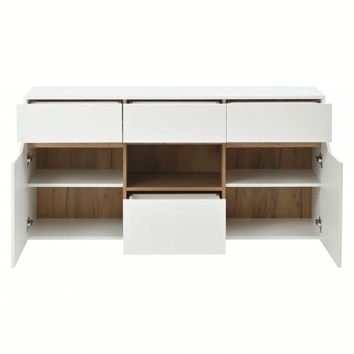 Móvel de sala 140 x 40 x 70 cm - Aparador com 4 gavetas, 2 compartimentos, sem puxadores, com LED - Branco e madeira