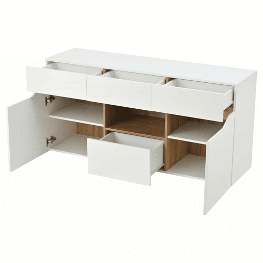 Móvel de sala 140 x 40 x 70 cm - Aparador com 4 gavetas, 2 compartimentos, sem puxadores, com LED - Branco e madeira