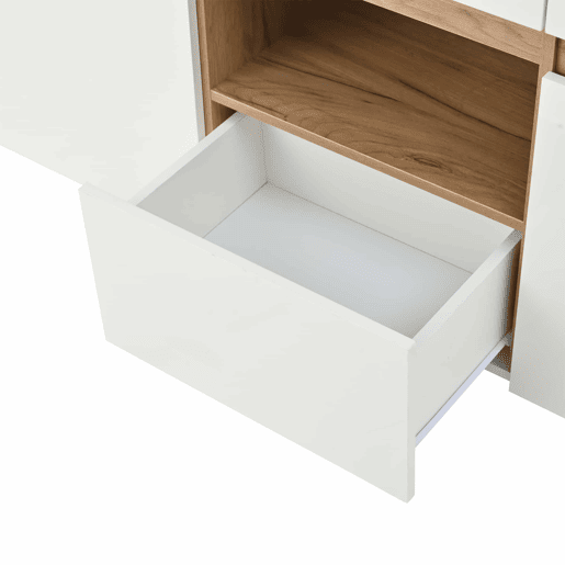 Móvel de sala 140 x 40 x 70 cm - Aparador com 4 gavetas, 2 compartimentos, sem puxadores, com LED - Branco e madeira