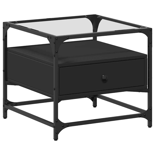 Mesa de Centro, Mesa baixa com topo em vidro preto 50x50x45 cm aço