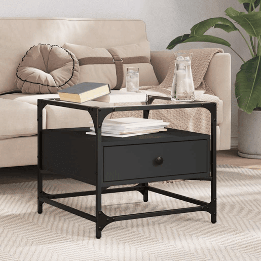 Mesa de Centro, Mesa baixa com topo em vidro preto 50x50x45 cm aço
