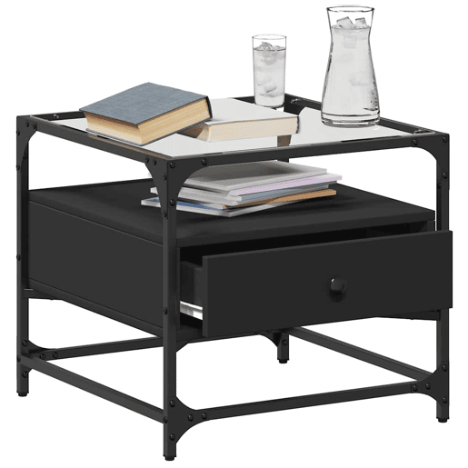 Mesa de Centro, Mesa baixa com topo em vidro preto 50x50x45 cm aço