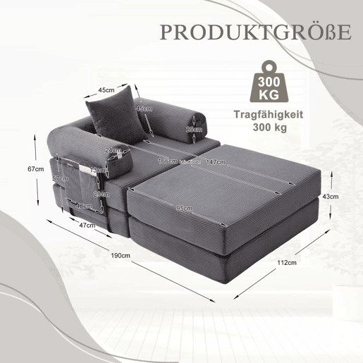 Sofá-cama individual - design ergonómico, estrutura metálica estável, almofada incluída - Cinza escuro