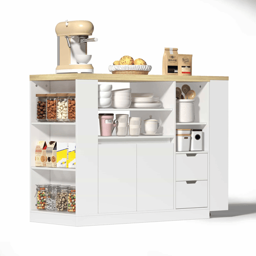 Ilha de cozinha 115 cm - bancada extensível, prateleiras em 3 lados e 2 gavetas - branco e natural