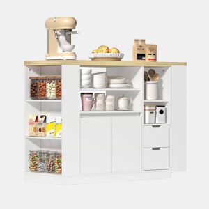 Ilha de cozinha 115 cm - bancada extensível, prateleiras em 3 lados e 2 gavetas - branco e natural