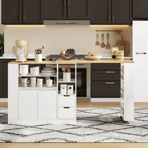 Ilha de cozinha 115 cm - bancada extensível, prateleiras em 3 lados e 2 gavetas - branco e natural