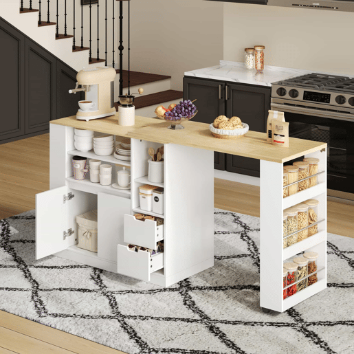 Ilha de cozinha 115 cm - bancada extensível, prateleiras em 3 lados e 2 gavetas - branco e natural