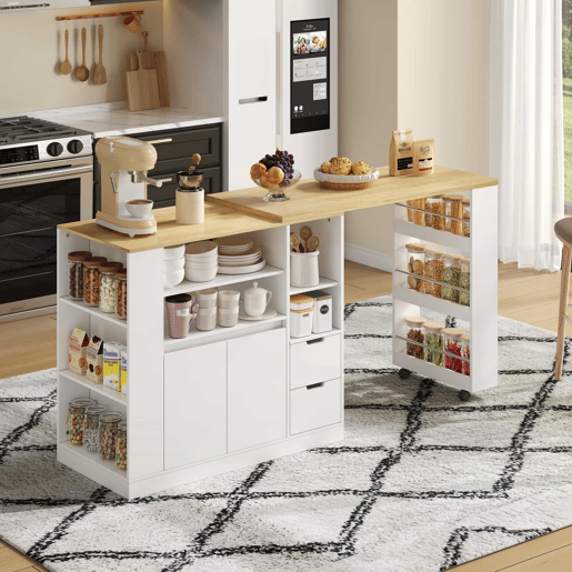 Ilha de cozinha 115 cm - bancada extensível, prateleiras em 3 lados e 2 gavetas - branco e natural