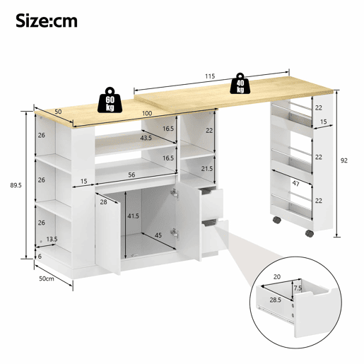 Ilha de cozinha 115 cm - bancada extensível, prateleiras em 3 lados e 2 gavetas - branco e natural