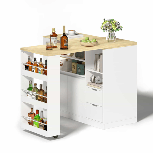 Ilha de cozinha 115 cm - bancada extensível, prateleiras em 3 lados e 2 gavetas - branco e natural