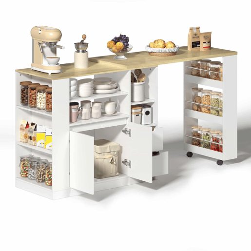 Ilha de cozinha 115 cm - bancada extensível, prateleiras em 3 lados e 2 gavetas - branco e natural