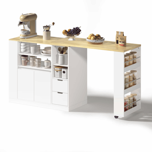Ilha de cozinha 115 cm - bancada extensível, prateleiras em 3 lados e 2 gavetas - branco e natural