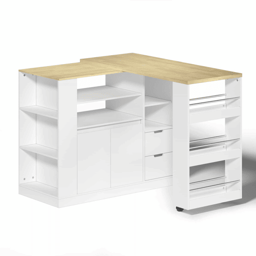 Ilha de cozinha 115 cm - bancada extensível, prateleiras em 3 lados e 2 gavetas - branco e natural