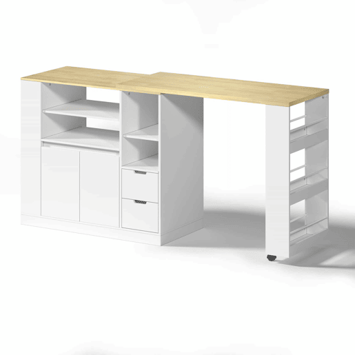 Ilha de cozinha 115 cm - bancada extensível, prateleiras em 3 lados e 2 gavetas - branco e natural