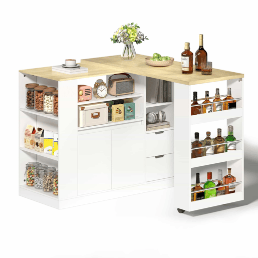 Ilha de cozinha 115 cm - bancada extensível, prateleiras em 3 lados e 2 gavetas - branco e natural