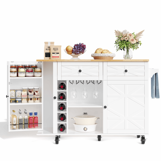 Ilha de cozinha 120x45(70)x89 cm - Com rodas bloqueáveis, prateleira para portas, vinoteca e porta-copos - Branco